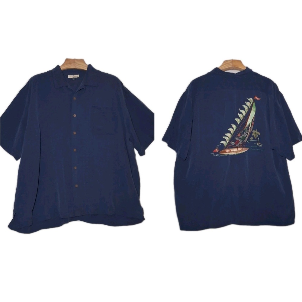 Tommy Bahama 100% Silk Embroidered Sailboat Button Down Shirt Mens Size XXL Blue